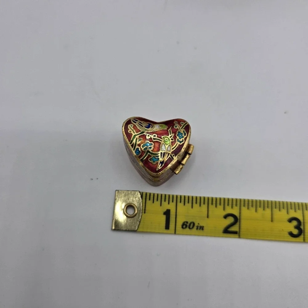 Heart Shape‎ Cloisonne Trinket Pill Box Red Blue Bird Floral Enamel Gold Trim